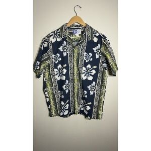 RJC Hawaiian Shirt Mens Large Navy Blue Hibiscus Petroglyph Tribal Warrior USA